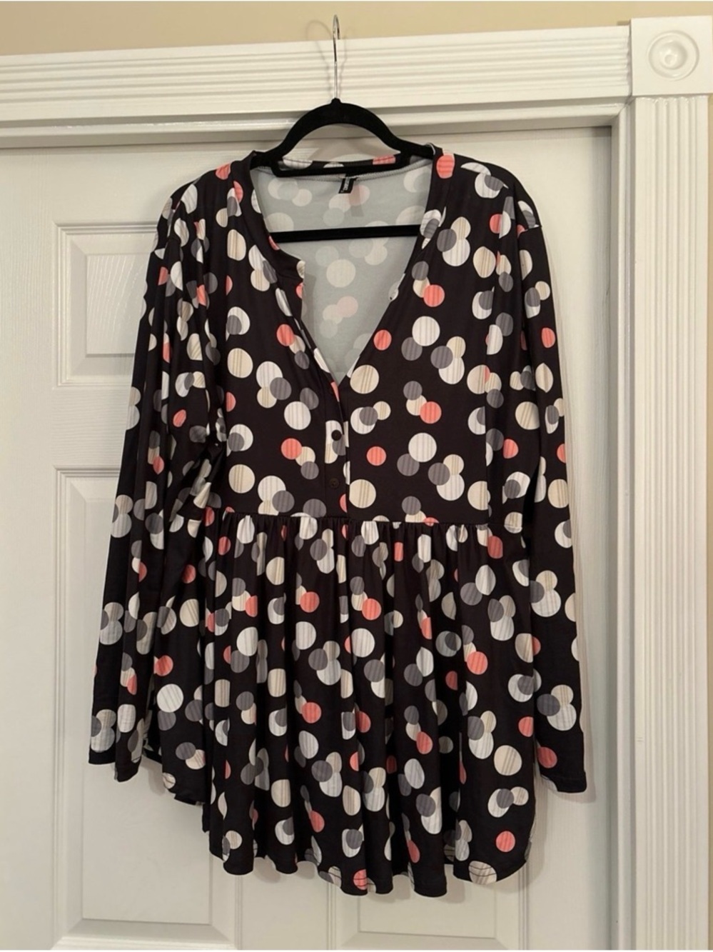 Polka Dot Long-Sleeve Peplum Top - Black with White & Coral Dots